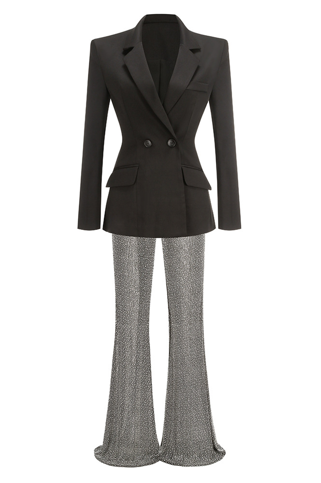 Pure Black Blazer & Rhinestone Pants Set | Dress In Beauty