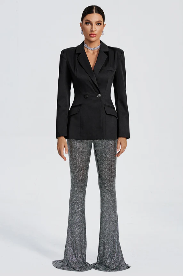 Pure Black Blazer & Rhinestone Pants Set | Dress In Beauty
