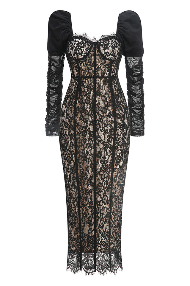 Lace Splicing Mesh Puff Sleeve Midi Dress | Dress In Beauty