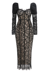 Lace Splicing Mesh Puff Sleeve Midi Dress | Dress In Beauty