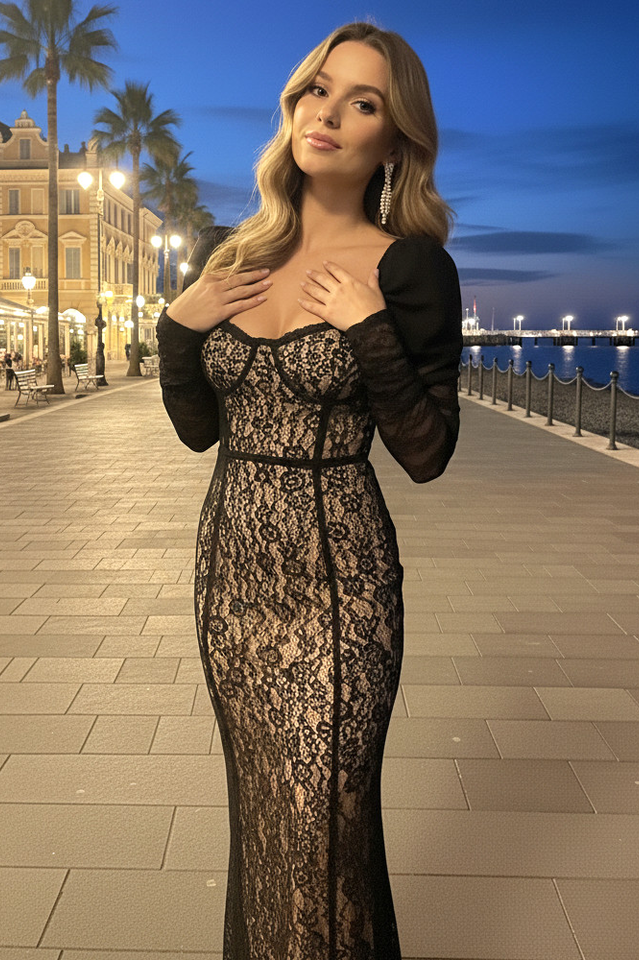 Lace Splicing Mesh Puff Sleeve Midi Dress | Dress In Beauty