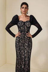 Lace Splicing Mesh Puff Sleeve Midi Dress | Dress In Beauty