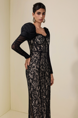 Lace Splicing Mesh Puff Sleeve Midi Dress | Dress In Beauty