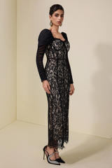 Lace Splicing Mesh Puff Sleeve Midi Dress | Dress In Beauty