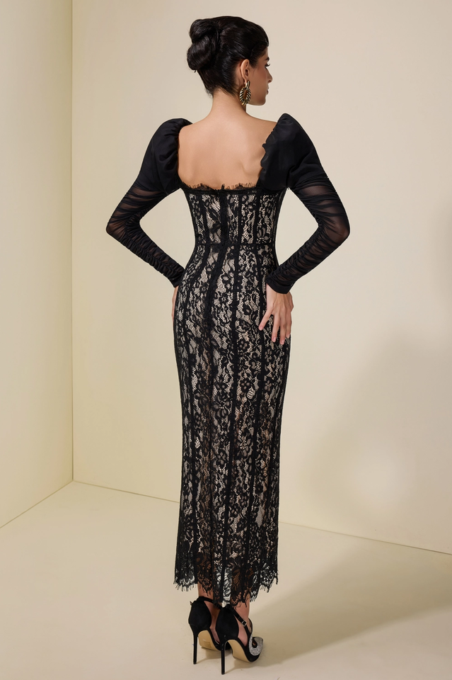 Lace Splicing Mesh Puff Sleeve Midi Dress | Dress In Beauty