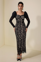 Lace Splicing Mesh Puff Sleeve Midi Dress | Dress In Beauty