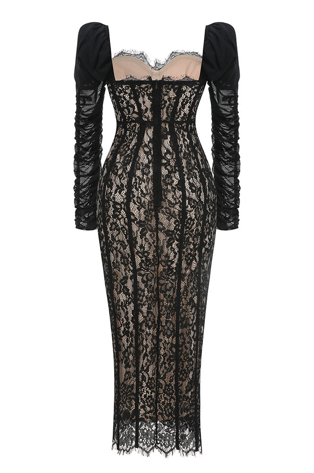 Lace Splicing Mesh Puff Sleeve Midi Dress | Dress In Beauty