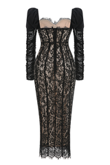 Lace Splicing Mesh Puff Sleeve Midi Dress | Dress In Beauty
