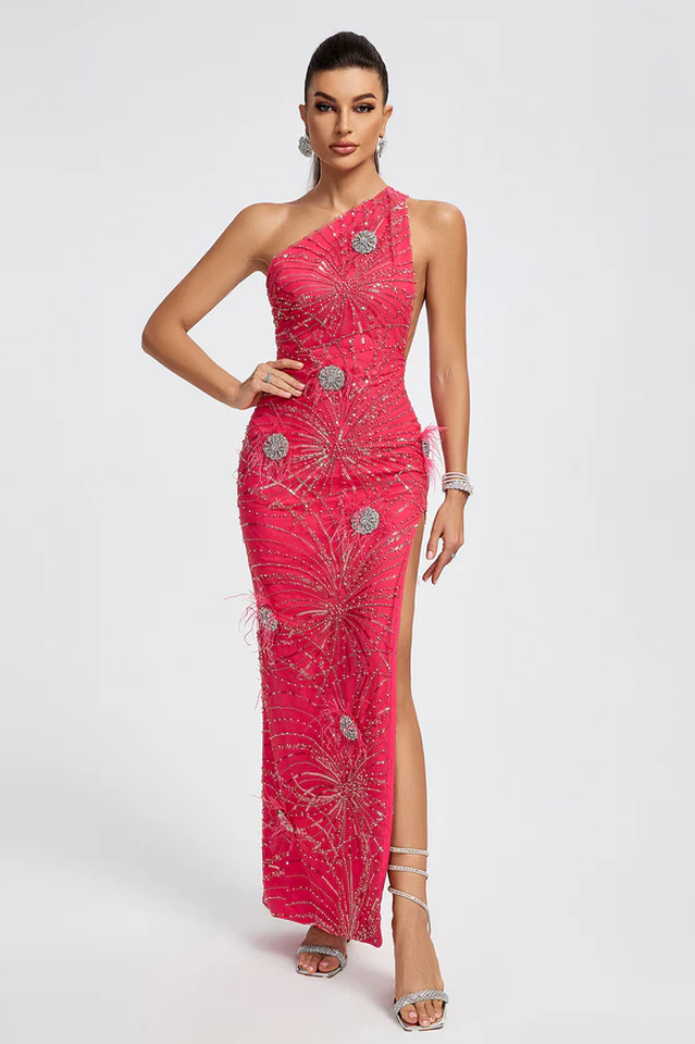 Crystal Embellished Sequin High Split Gown | Dress In Beauty