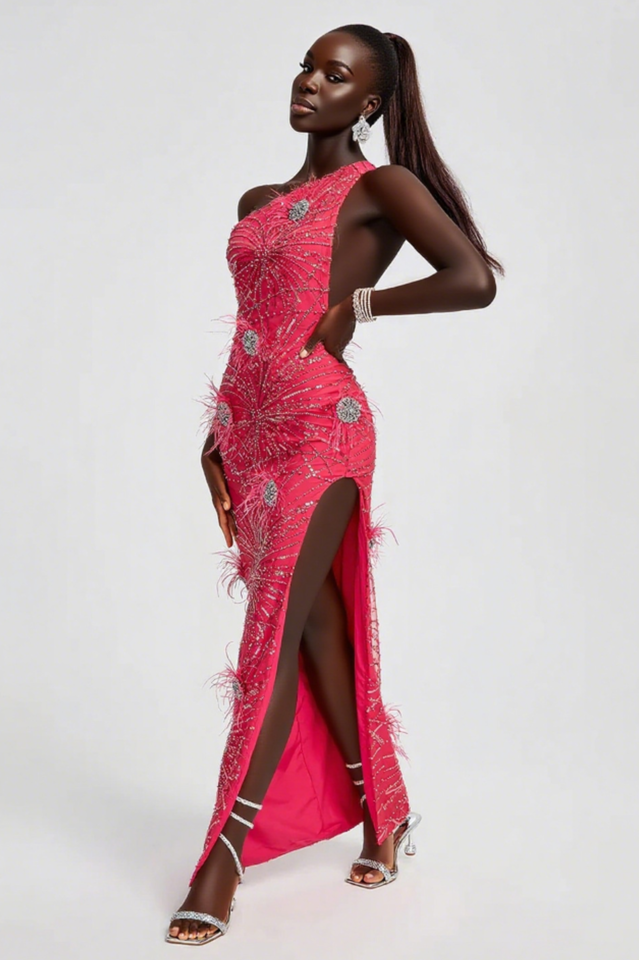 Crystal Embellished Sequin High Split Gown | Dress In Beauty