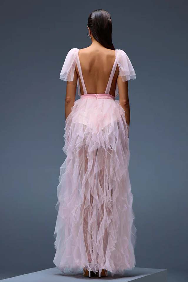 Balthion Lace Mesh Ruffle Maxi Dress | Dress In Beauty