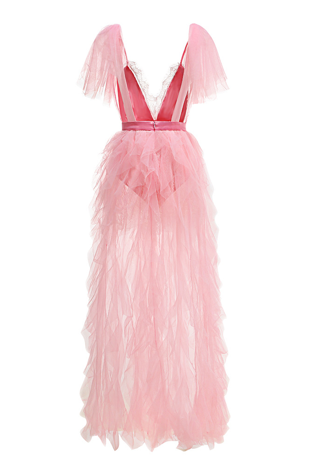 Balthion Lace Mesh Ruffle Maxi Dress | Dress In Beauty