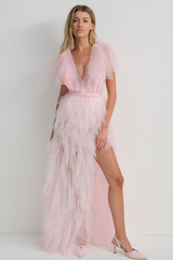 Balthion Lace Mesh Ruffle Maxi Dress | Dress In Beauty