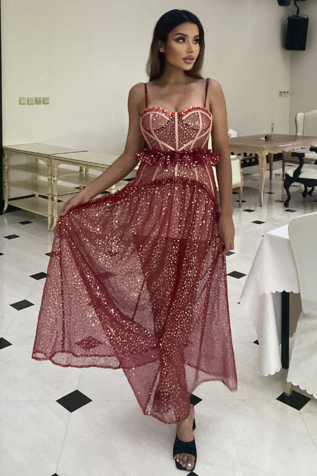 Strappy Sequin Beaded Mesh A-line Dress | Dress In Beauty