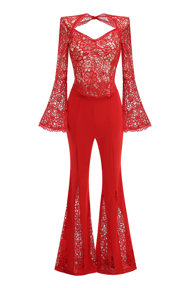 Maroon Lace Flare Jumpsuit | Dress In Beauty