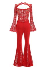 Maroon Lace Flare Jumpsuit | Dress In Beauty