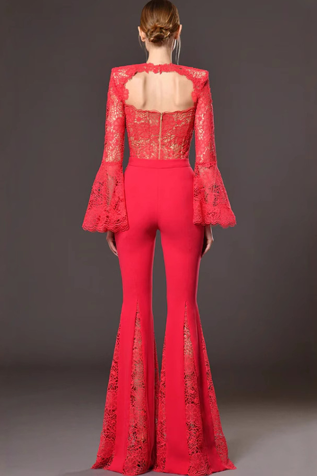 Maroon Lace Flare Jumpsuit | Dress In Beauty