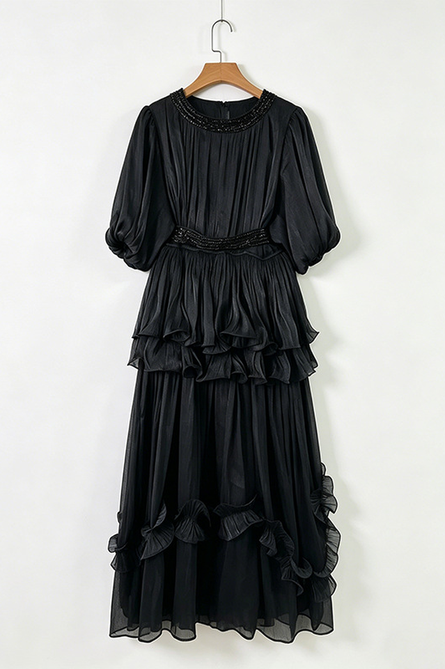 Shiny Lantern Sleeve Tiered Maxi Dress | Dress In Beauty