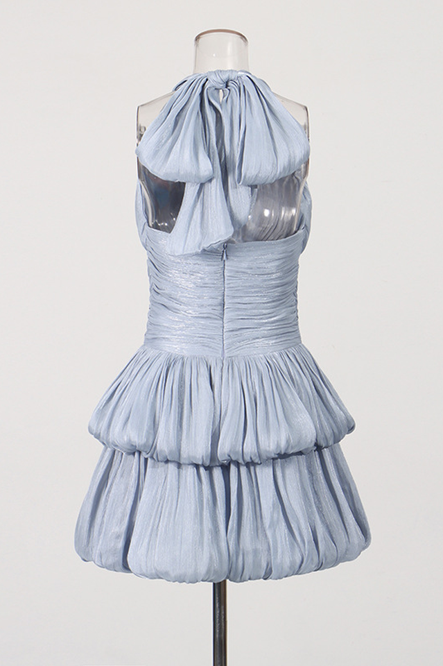 Blue Halter Ruched Tiered Mini Dress | Dress In Beauty