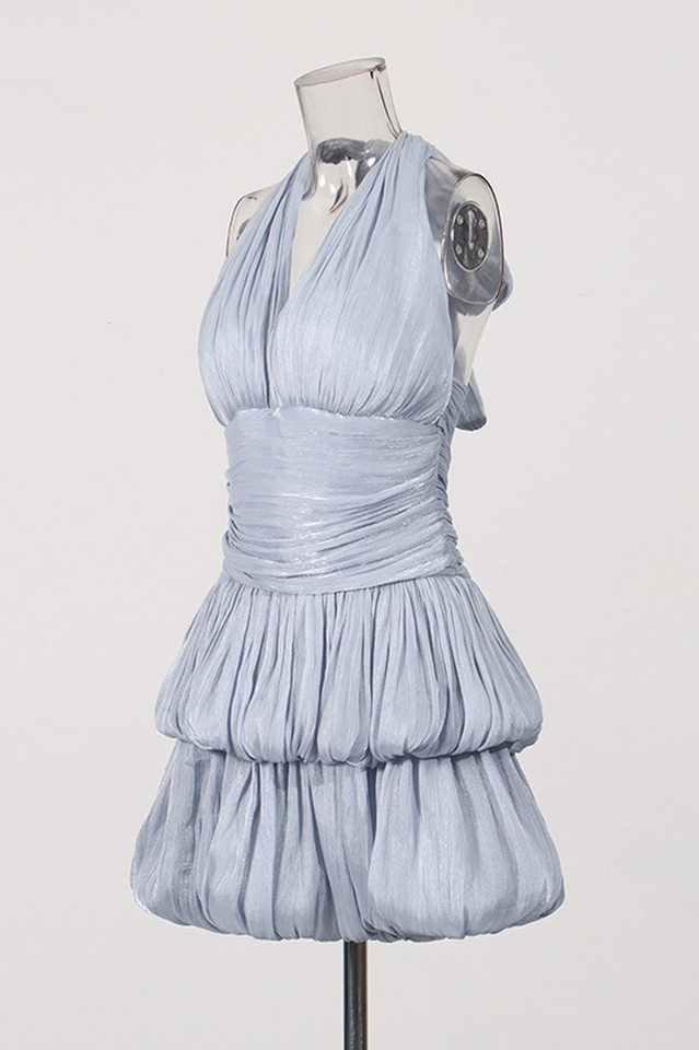 Blue Halter Ruched Tiered Mini Dress | Dress In Beauty