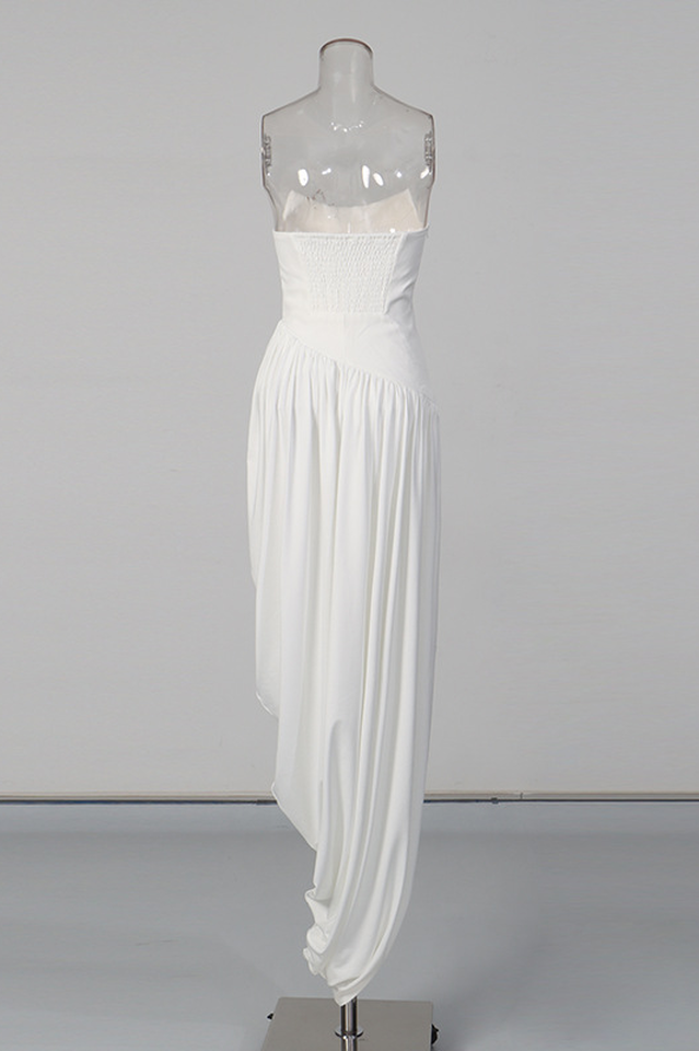 Wanda White Asymmetrical Ruched Midi Dress | Dress In Beauty