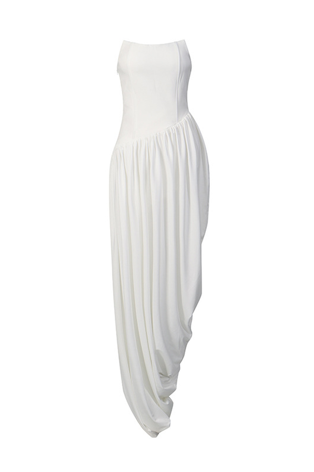Wanda White Asymmetrical Ruched Midi Dress | Dress In Beauty