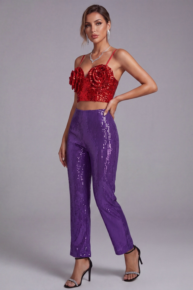 3D Floral Sequin Top and Trousers | Dress In Beauty