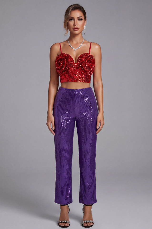 3D Floral Sequin Top and Trousers | Dress In Beauty