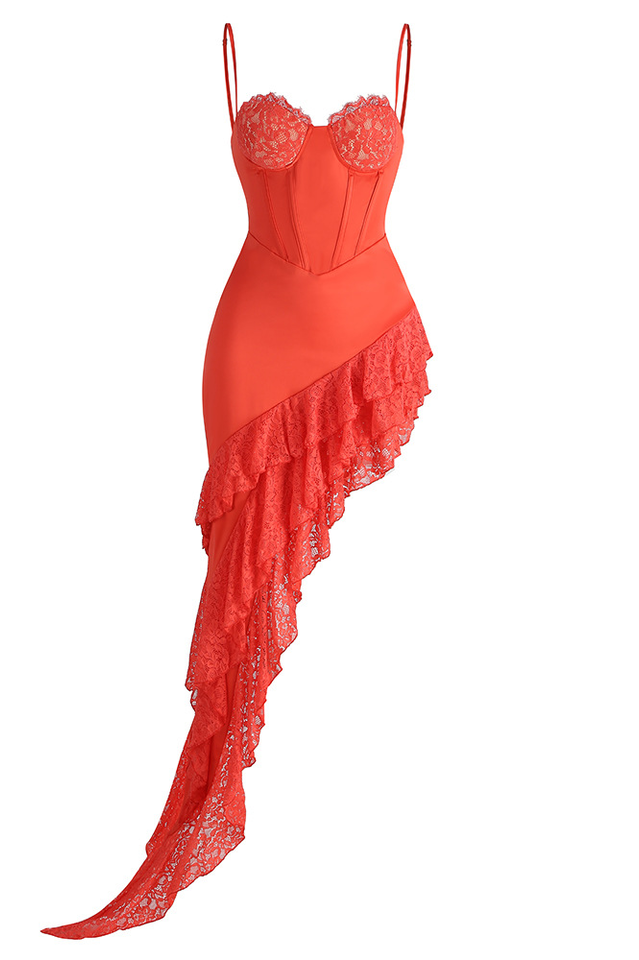 Lace Bustier Ruffle Asymmetric Maxi Dress | Dress In Beauty
