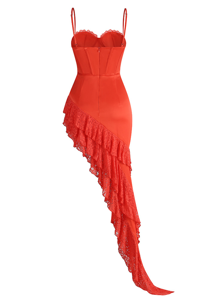 Lace Bustier Ruffle Asymmetric Maxi Dress | Dress In Beauty