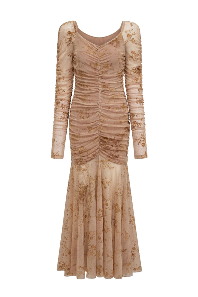 Floral Ruched Mesh Mermaid Maxi Dress | Dress In Beauty