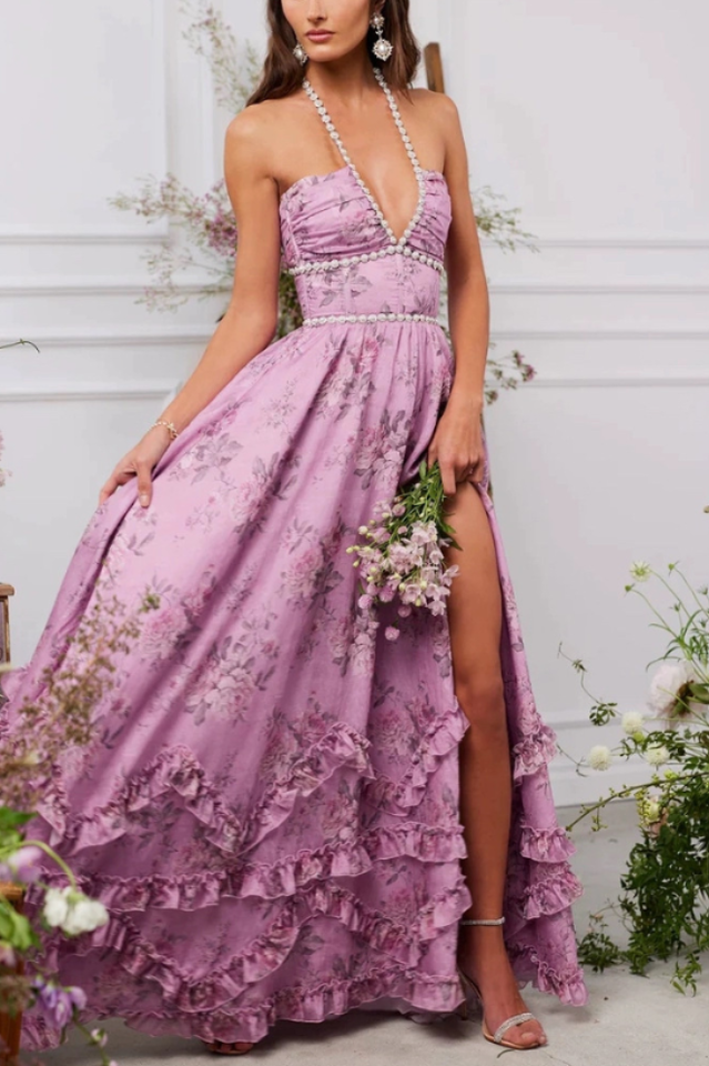 Floral Faux Pearl Frill Split Maxi Dress | Dress In Beauty