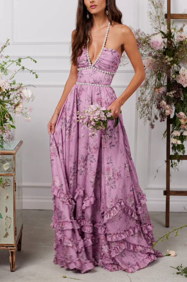 Floral Faux Pearl Frill Split Maxi Dress | Dress In Beauty