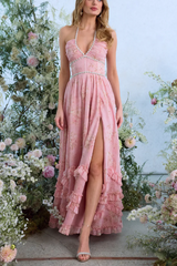 Floral Faux Pearl Frill Split Maxi Dress | Dress In Beauty