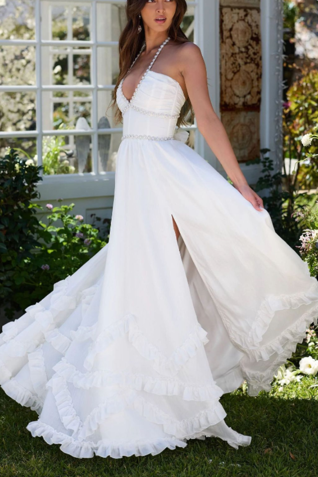 Floral Faux Pearl Frill Split Maxi Dress | Dress In Beauty