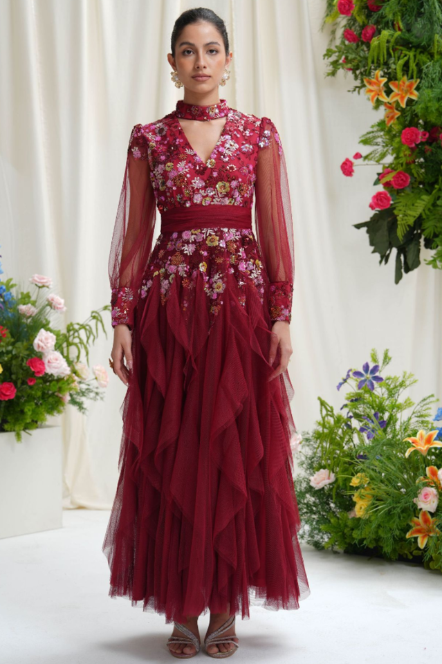 Burgundy Embellished Floral Tulle Evening Gown | Dress In Beauty