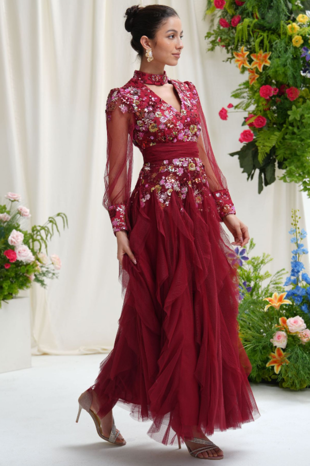 Burgundy Embellished Floral Tulle Evening Gown | Dress In Beauty