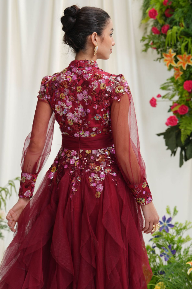 Burgundy Embellished Floral Tulle Evening Gown | Dress In Beauty