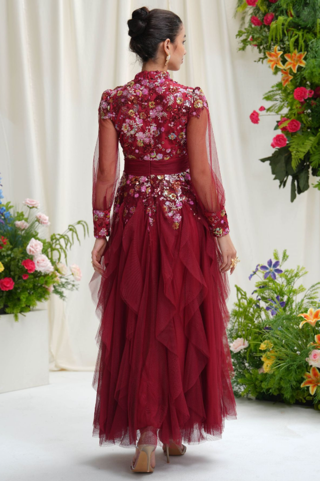 Burgundy Embellished Floral Tulle Evening Gown | Dress In Beauty