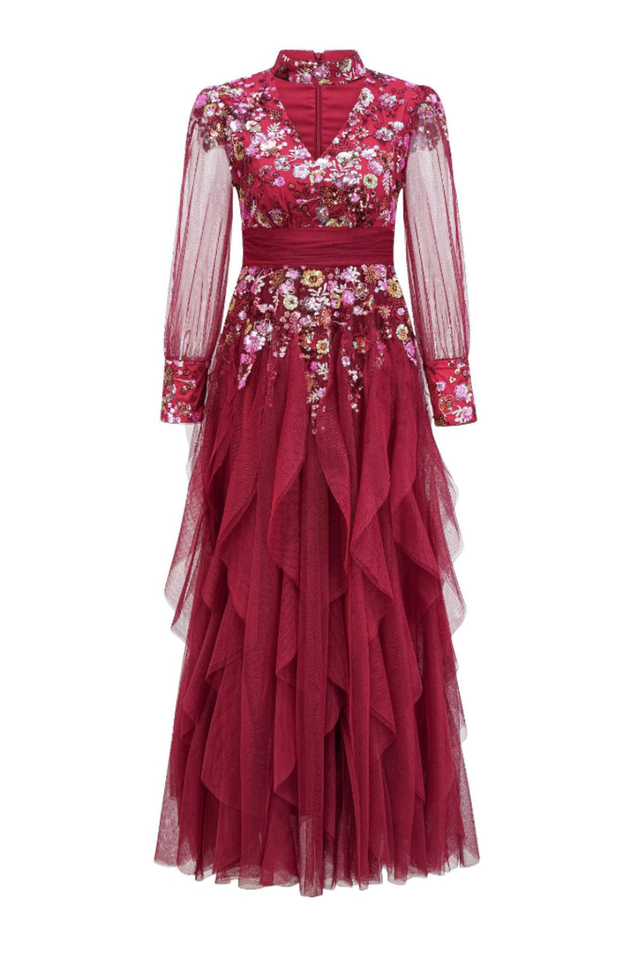 Burgundy Embellished Floral Tulle Evening Gown | Dress In Beauty