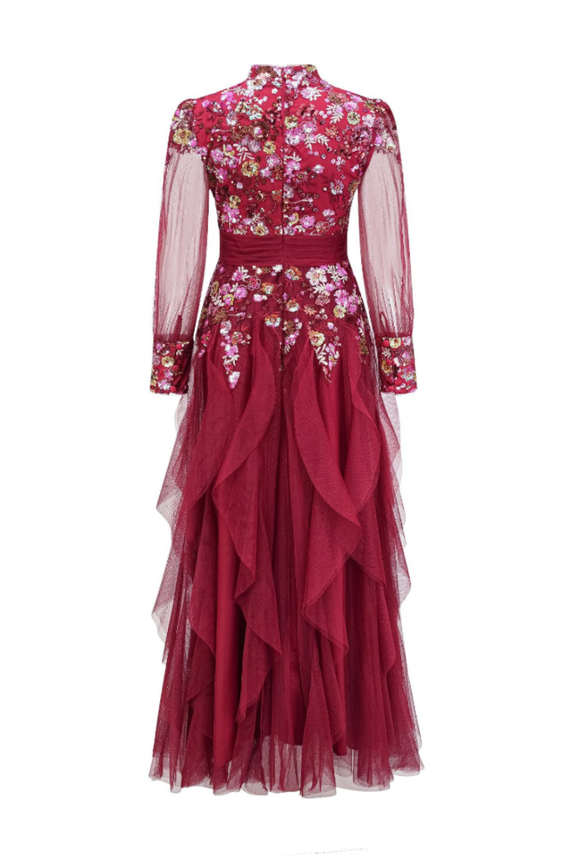 Burgundy Embellished Floral Tulle Evening Gown | Dress In Beauty
