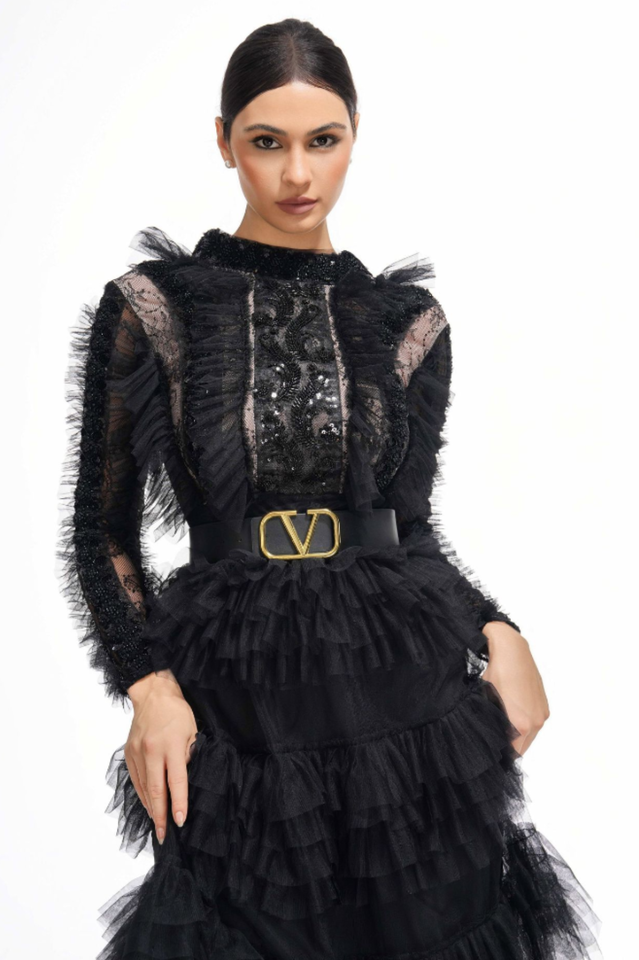 Midnight Allure Lace Sleeve Ruffled Dress | Dress In Beauty