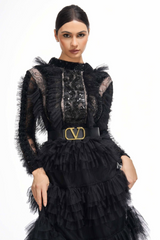 Midnight Allure Lace Sleeve Ruffled Dress | Dress In Beauty
