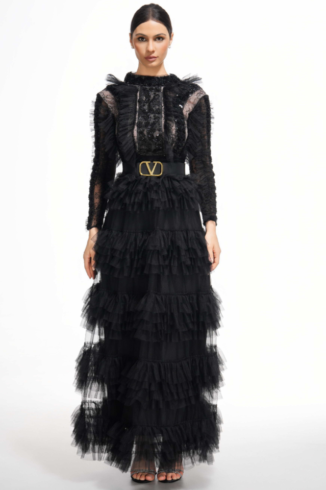 Midnight Allure Lace Sleeve Ruffled Dress | Dress In Beauty
