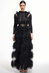 Midnight Allure Lace Sleeve Ruffled Dress | Dress In Beauty