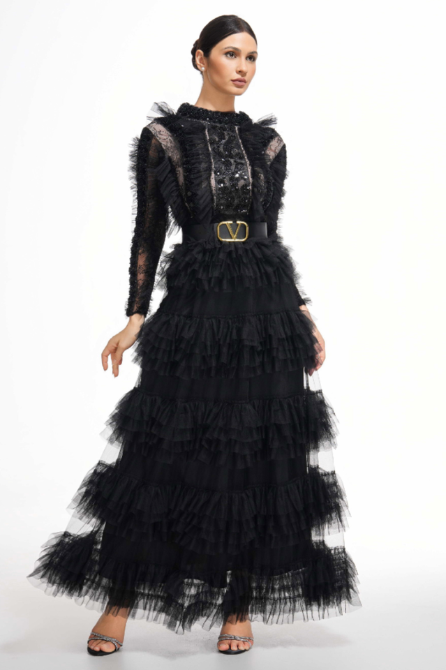 Midnight Allure Lace Sleeve Ruffled Dress | Dress In Beauty