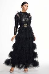 Midnight Allure Lace Sleeve Ruffled Dress | Dress In Beauty