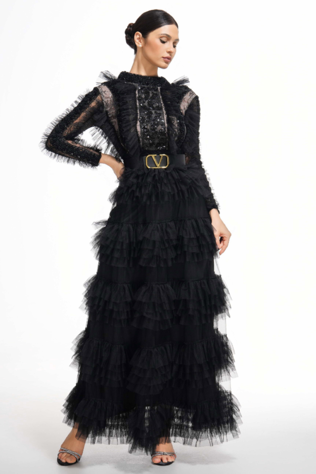 Midnight Allure Lace Sleeve Ruffled Dress | Dress In Beauty