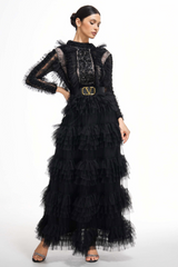 Midnight Allure Lace Sleeve Ruffled Dress | Dress In Beauty