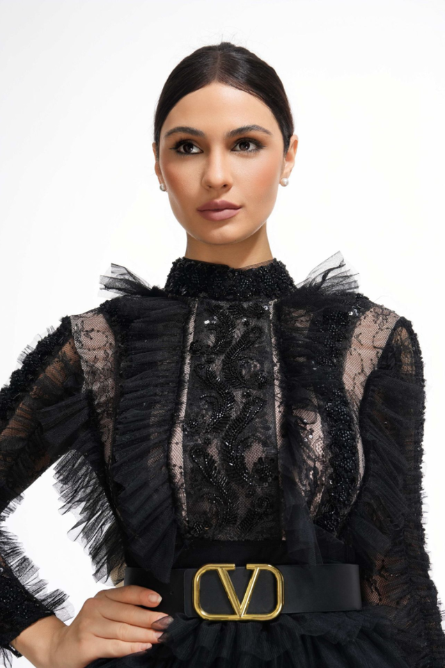 Midnight Allure Lace Sleeve Ruffled Dress | Dress In Beauty